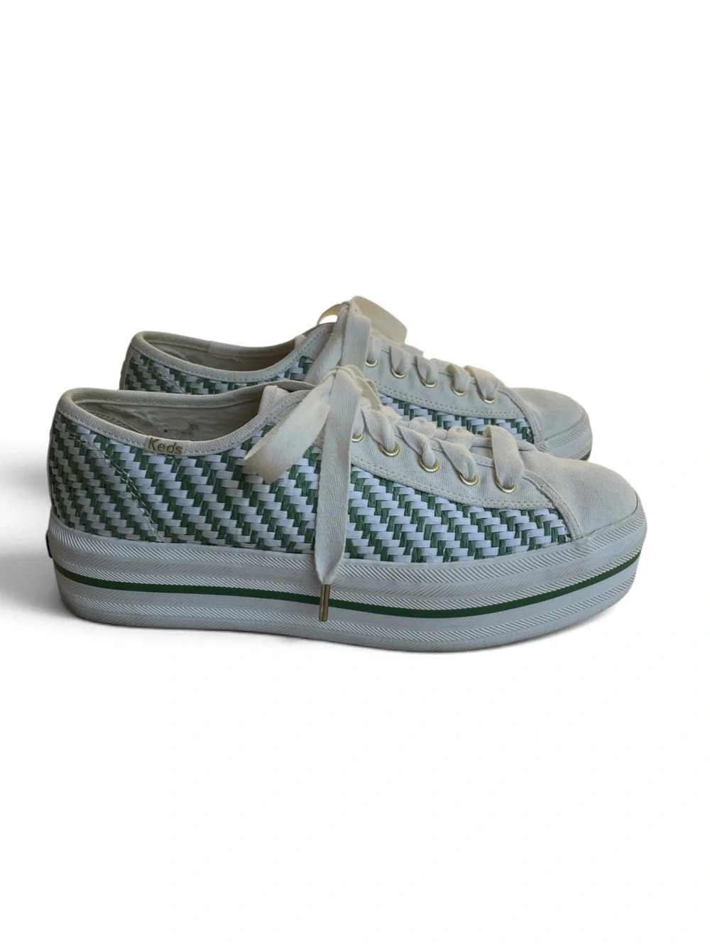 kate spade x Keds White and Green Woven Platform Sneakers